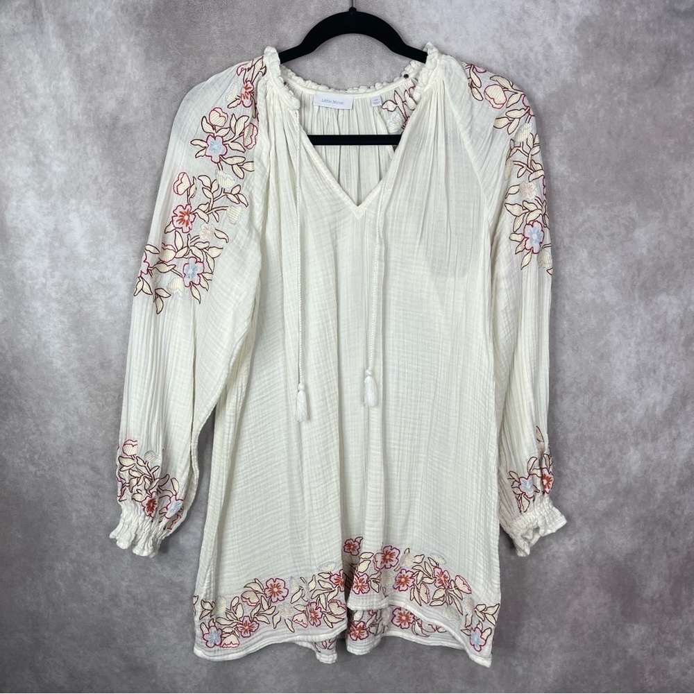 Little Moon By‎ Aritzia Thalia Embroidered Tunic Mini Guaze Dress In White Sz XS